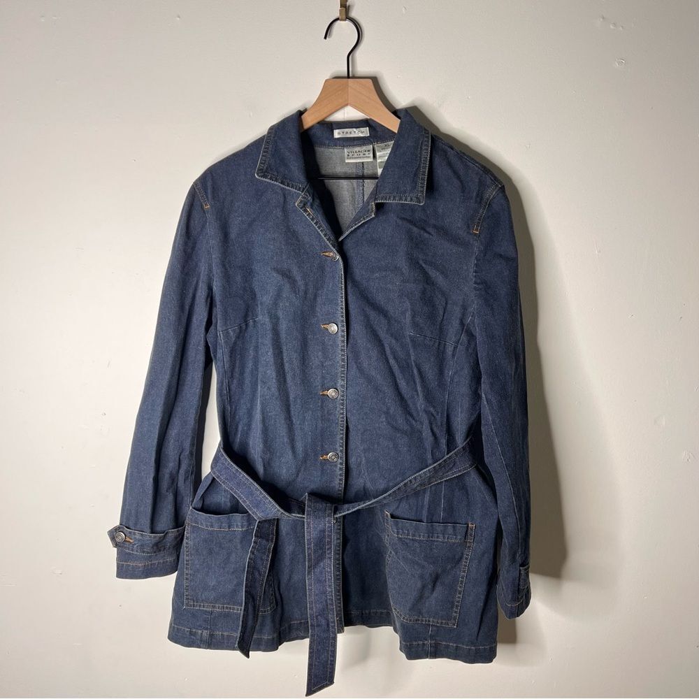 Villager Sport Dark Blue Jean Jacket with Belt Chore Pockets XL Vintage Denim